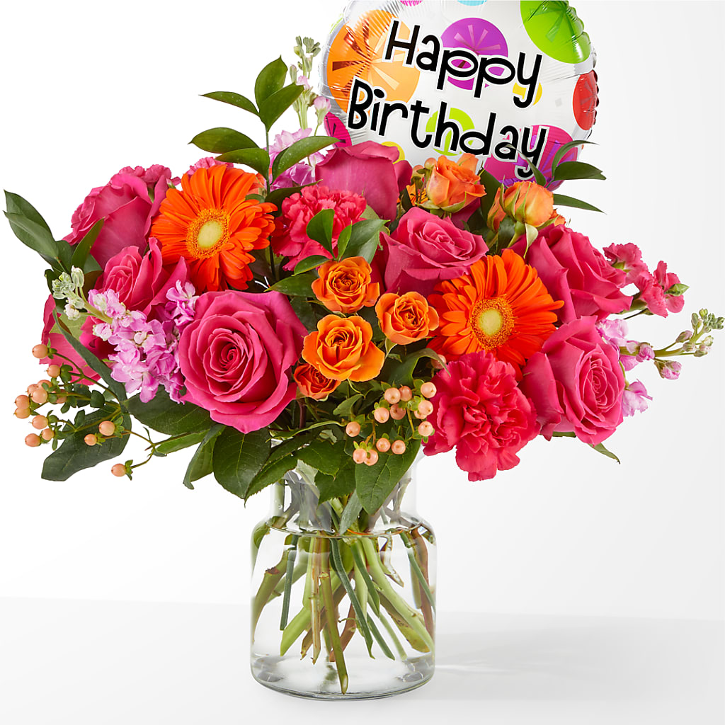 Fiesta Bouquet with Birthday Balloon – Floral Boutique, Lynnfield MA