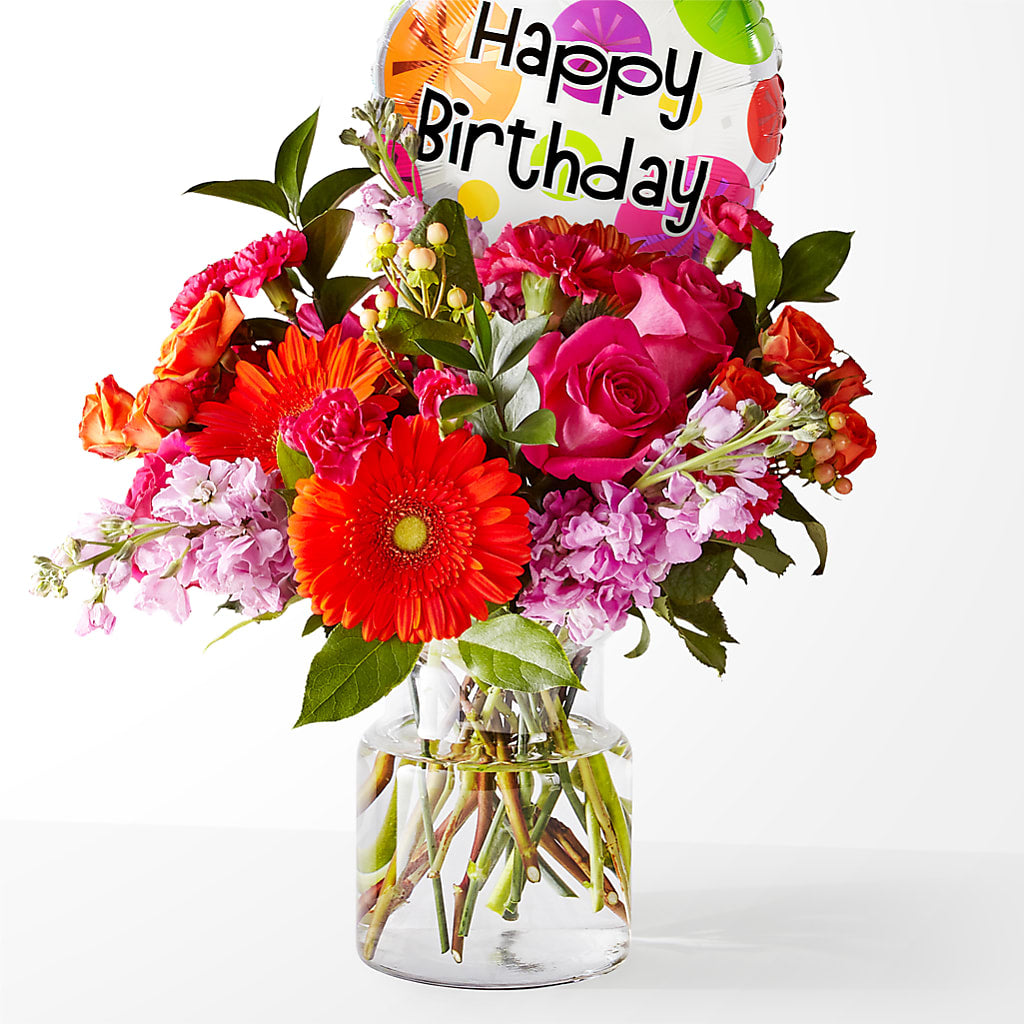 Fiesta Bouquet with Birthday Balloon – Floral Boutique, Lynnfield MA