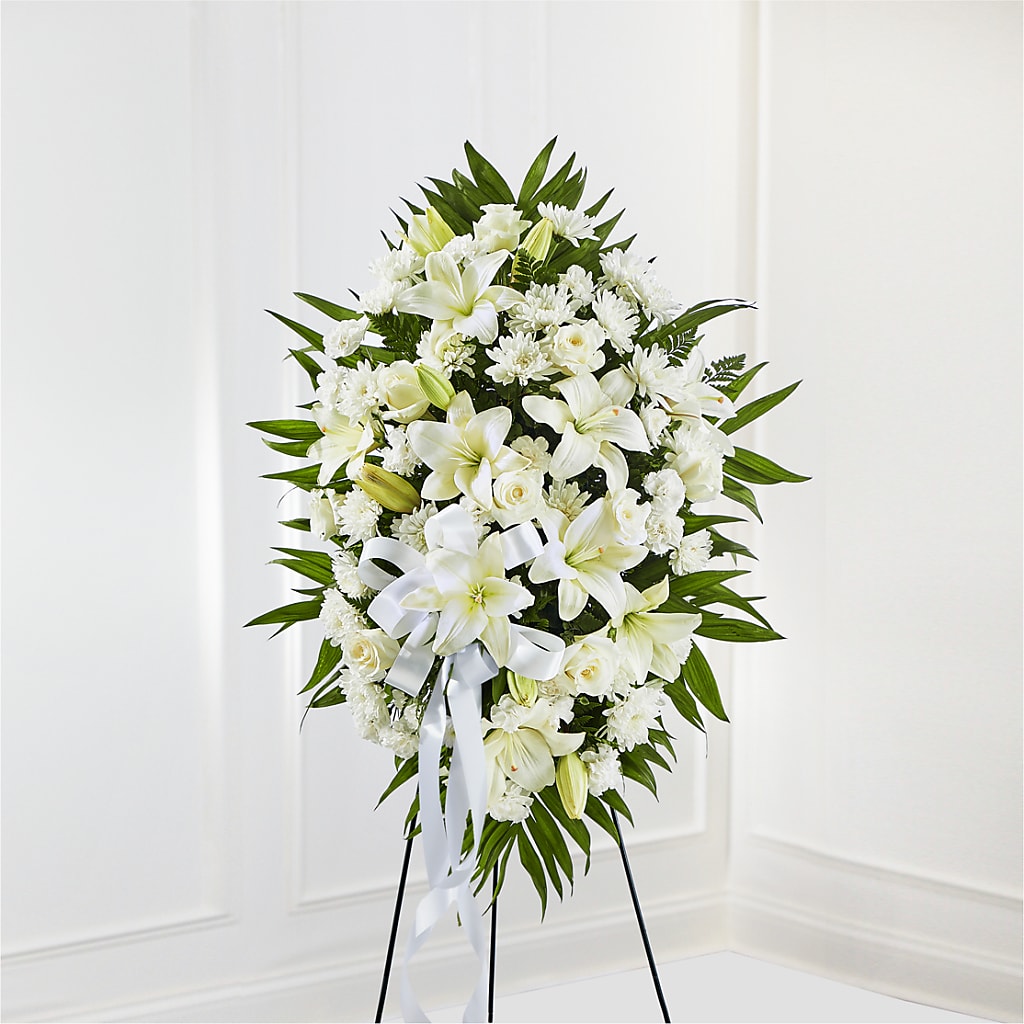 Exquisite Tribute Standing Spray-White Ribbon – Floral Boutique, Lynnfield MA